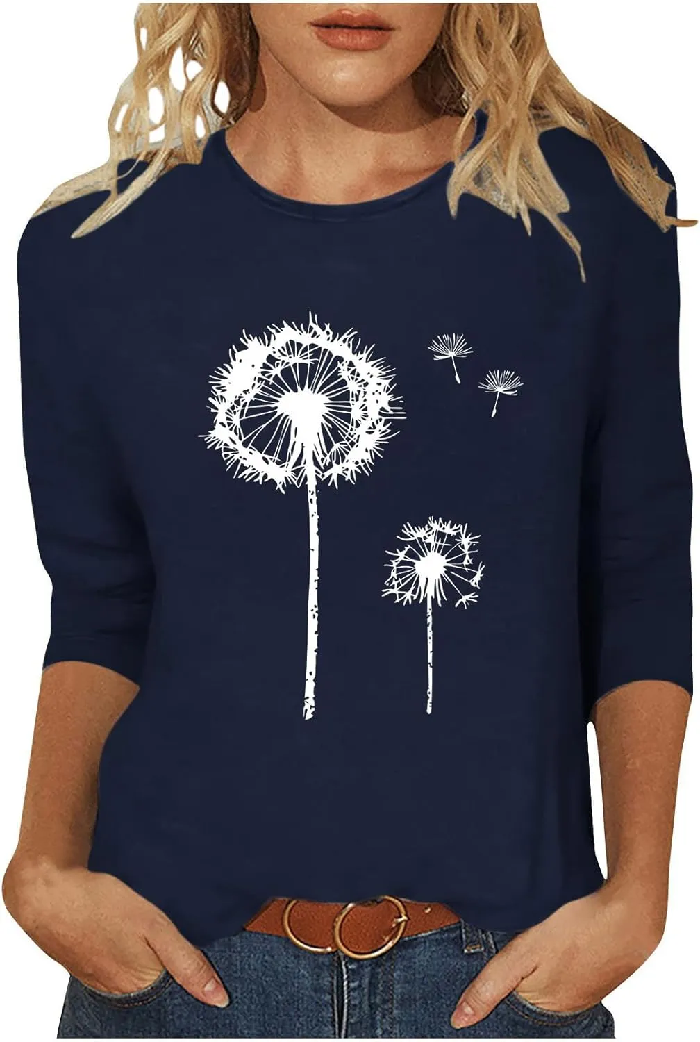 Women Summer Fashion Tops Dandelion Print 3/4 Sleeves Crew Neck Shirts Loose Fit Cute Graphic Tees Causal Blouse