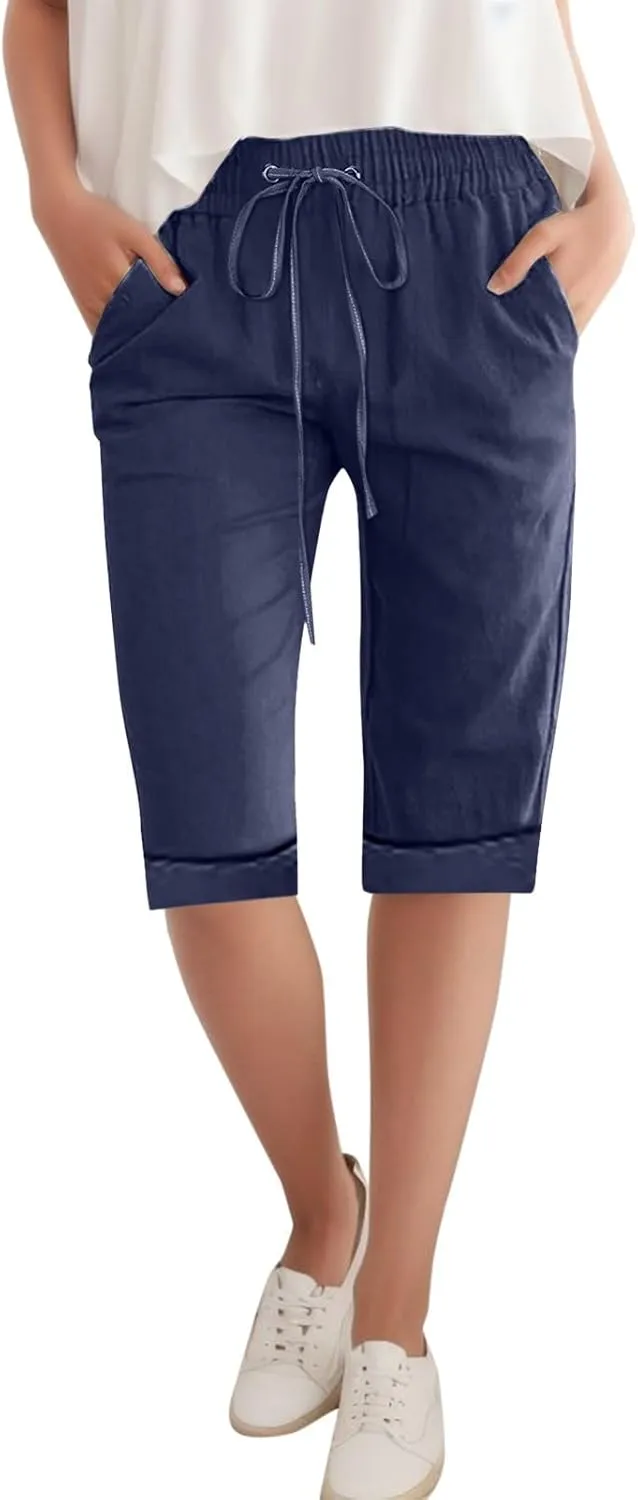 Women Wide Leg Linen Pants Summer High Waisted Palazzo Pants Drawstring Loose Fit Flowy Trousers with Pockets