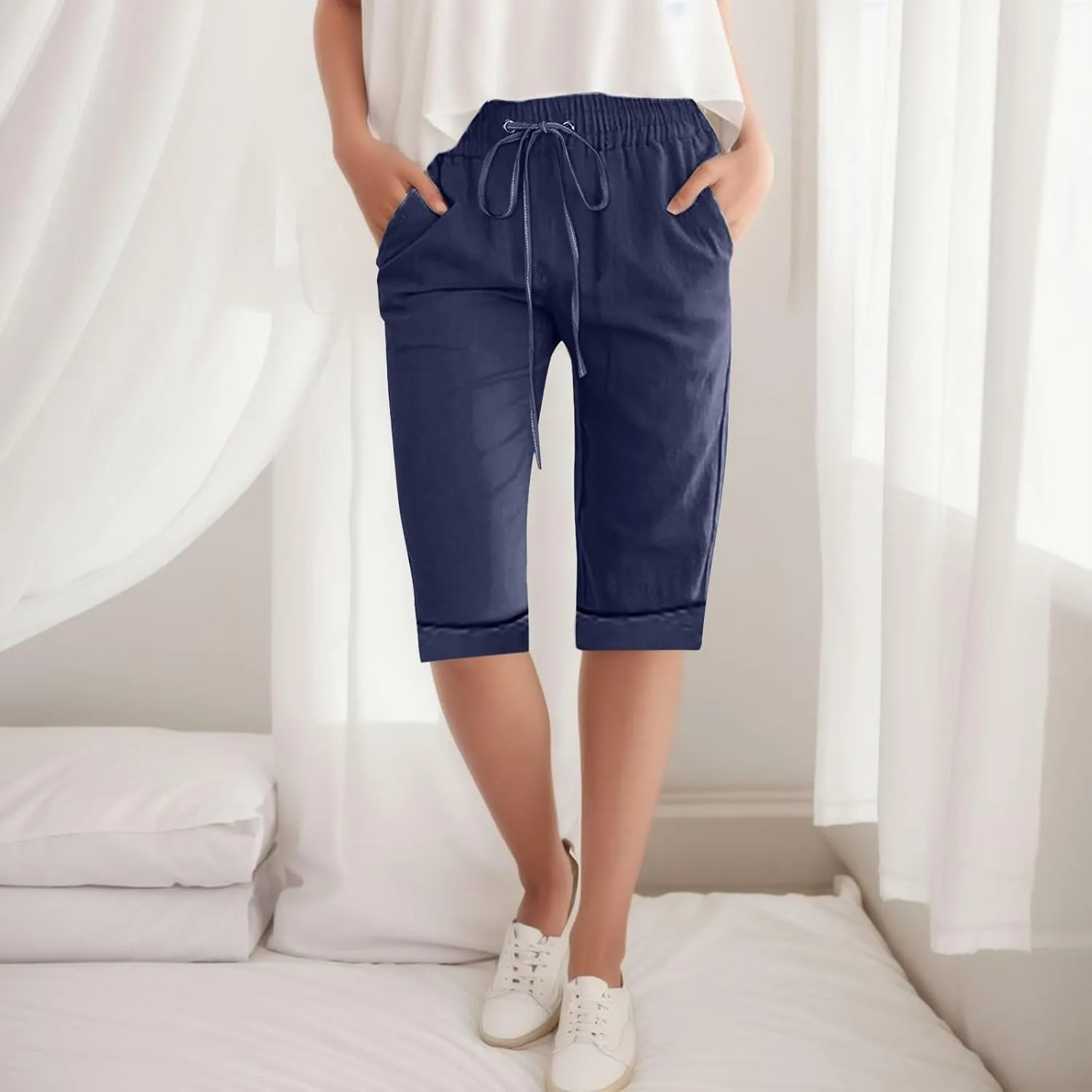 Women Wide Leg Linen Pants Summer High Waisted Palazzo Pants Drawstring Loose Fit Flowy Trousers with Pockets