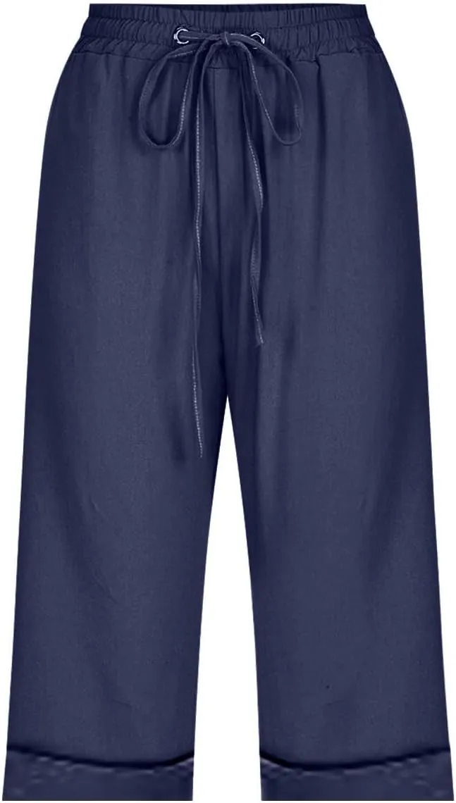 Women Wide Leg Linen Pants Summer High Waisted Palazzo Pants Drawstring Loose Fit Flowy Trousers with Pockets