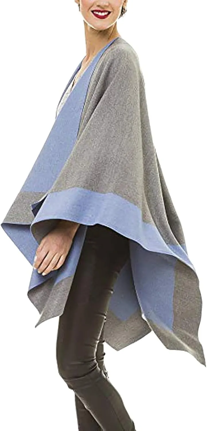 Women's Shawl Wrap Poncho Elegant Color Block Fall Cape Cardigan Sweater Winter Open Front Windproof Shawl Scarf