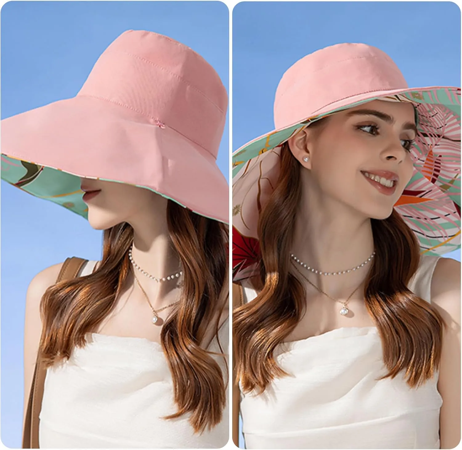 Women's Wide Brim Sun Hats UV Protection - Reversible Bucket Hat Foldable Beach Hat with Chin Strap Summer Hat for Travel