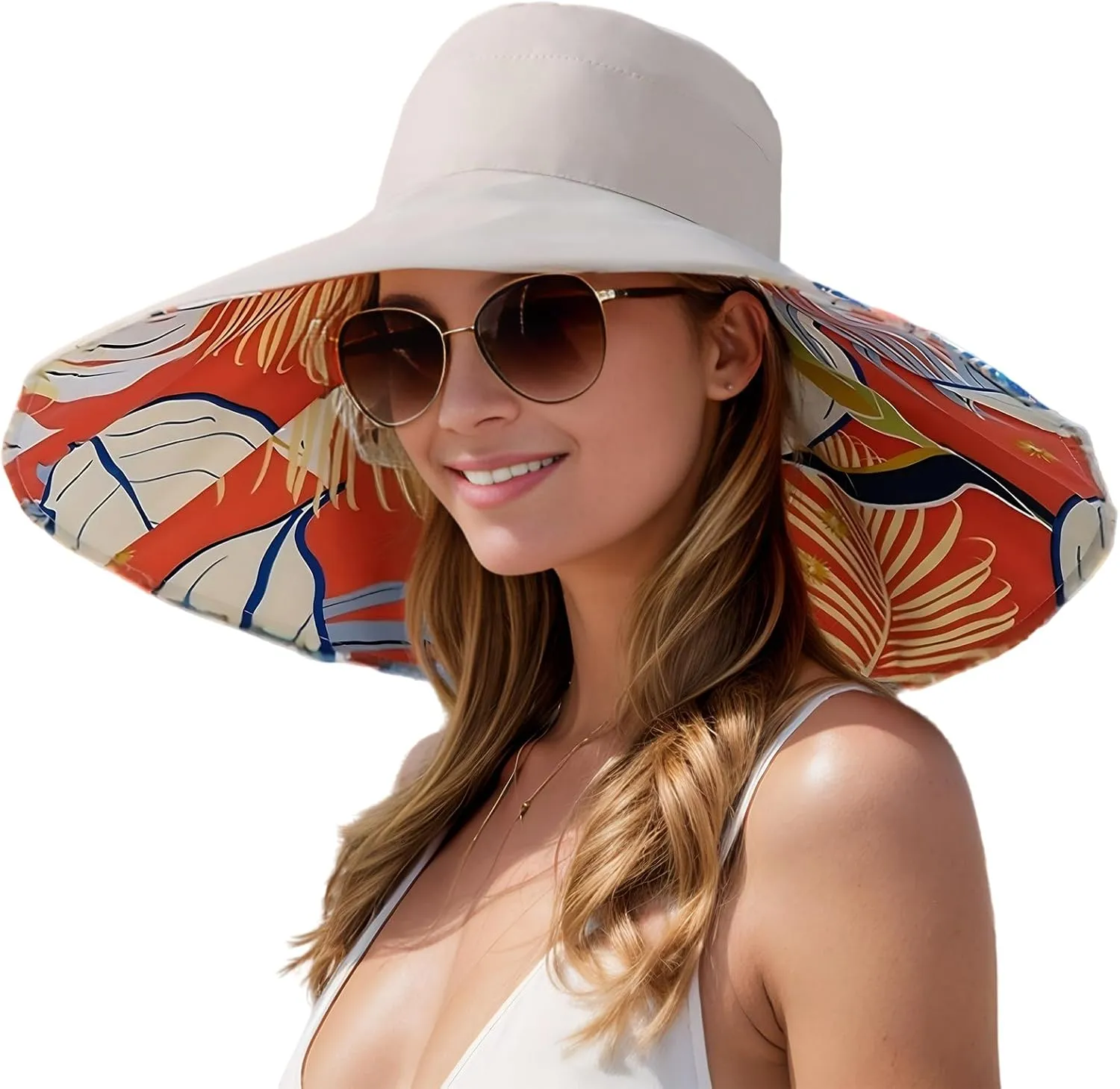 Women's Wide Brim Sun Hats UV Protection - Reversible Bucket Hat Foldable Beach Hat with Chin Strap Summer Hat for Travel