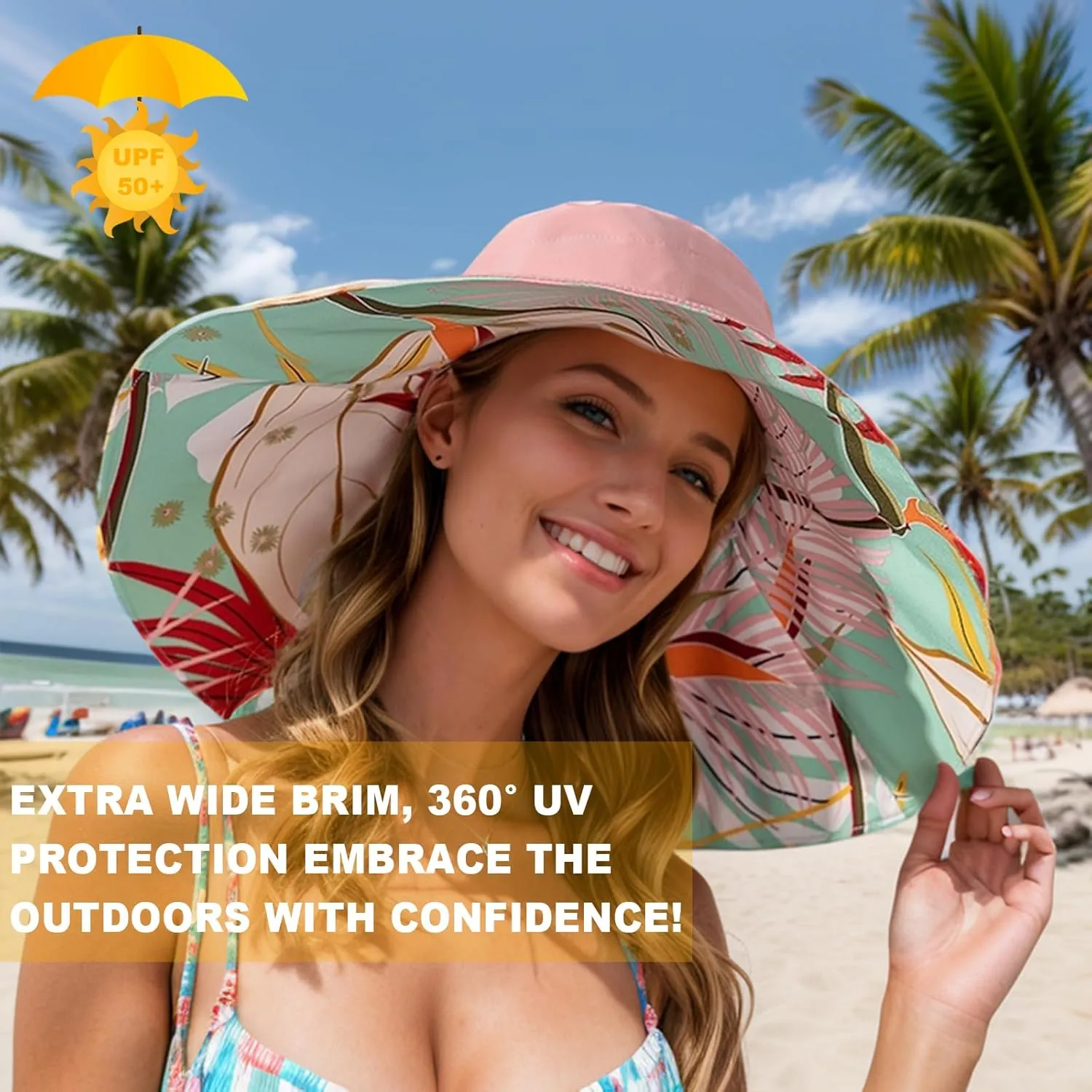 Women's Wide Brim Sun Hats UV Protection - Reversible Bucket Hat Foldable Beach Hat with Chin Strap Summer Hat for Travel