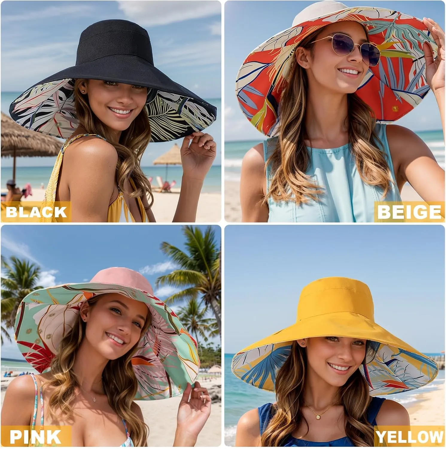 Women's Wide Brim Sun Hats UV Protection - Reversible Bucket Hat Foldable Beach Hat with Chin Strap Summer Hat for Travel