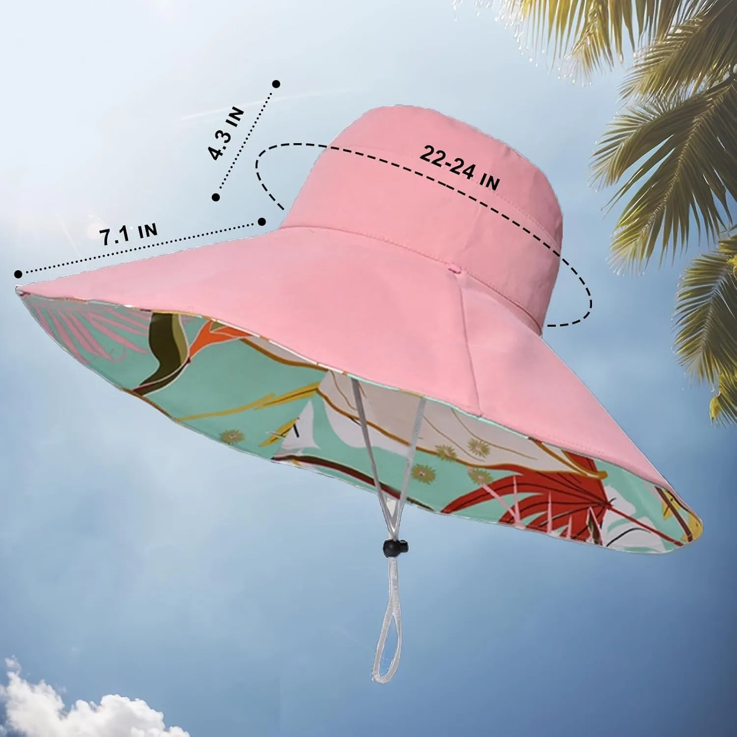 Women's Wide Brim Sun Hats UV Protection - Reversible Bucket Hat Foldable Beach Hat with Chin Strap Summer Hat for Travel