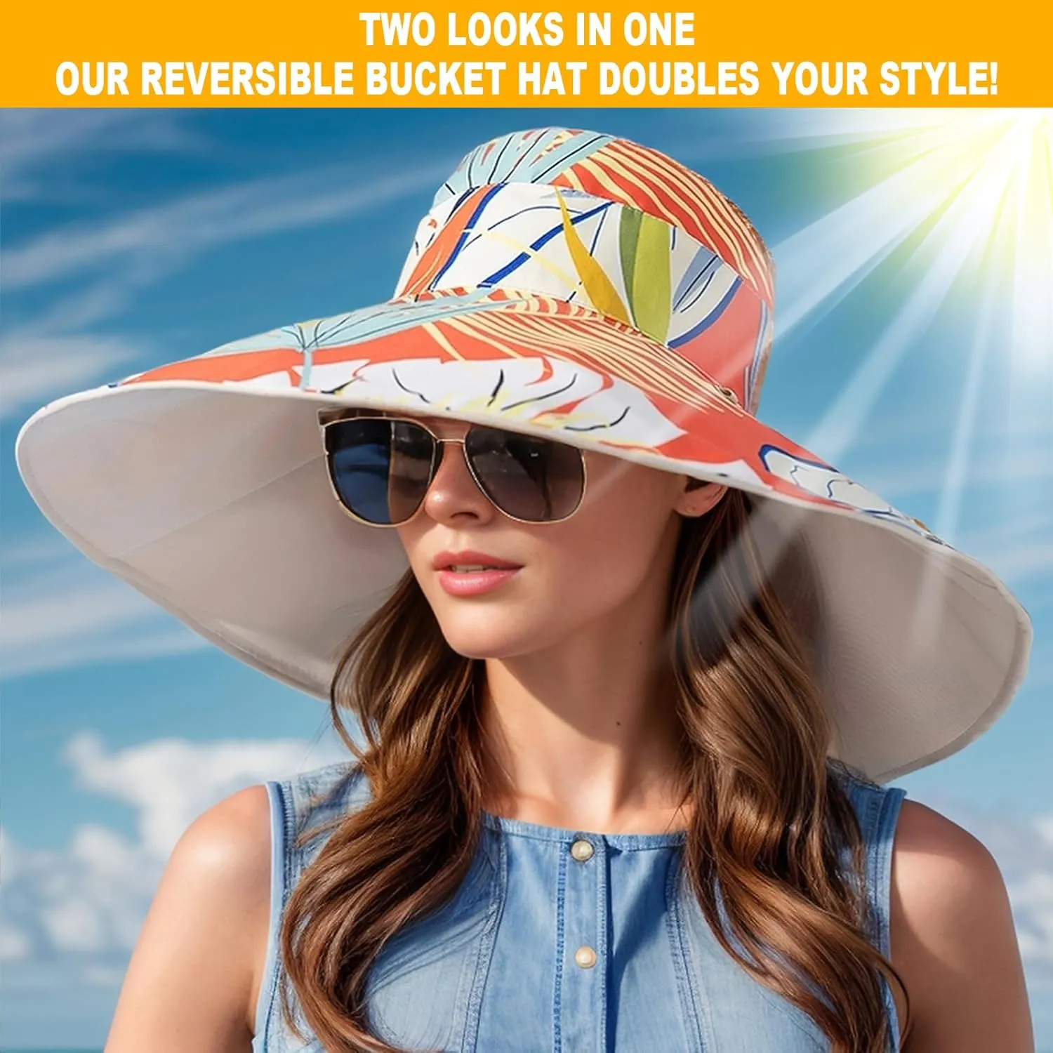 Women's Wide Brim Sun Hats UV Protection - Reversible Bucket Hat Foldable Beach Hat with Chin Strap Summer Hat for Travel