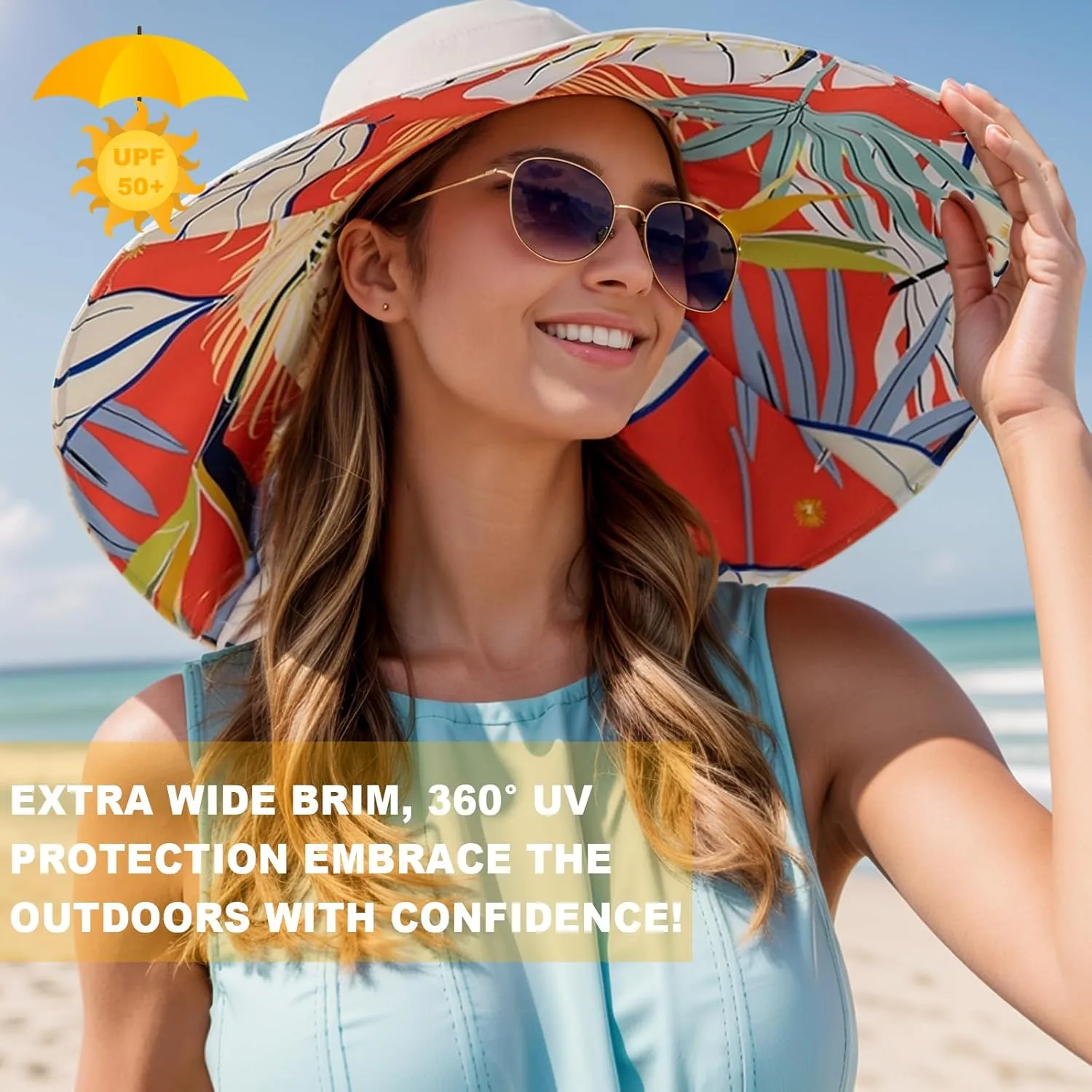 Women's Wide Brim Sun Hats UV Protection - Reversible Bucket Hat Foldable Beach Hat with Chin Strap Summer Hat for Travel