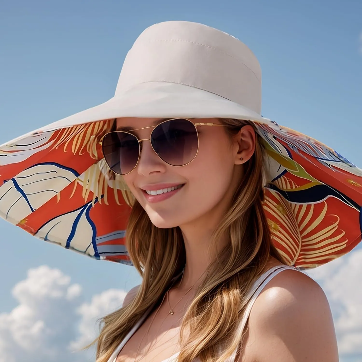 Women's Wide Brim Sun Hats UV Protection - Reversible Bucket Hat Foldable Beach Hat with Chin Strap Summer Hat for Travel