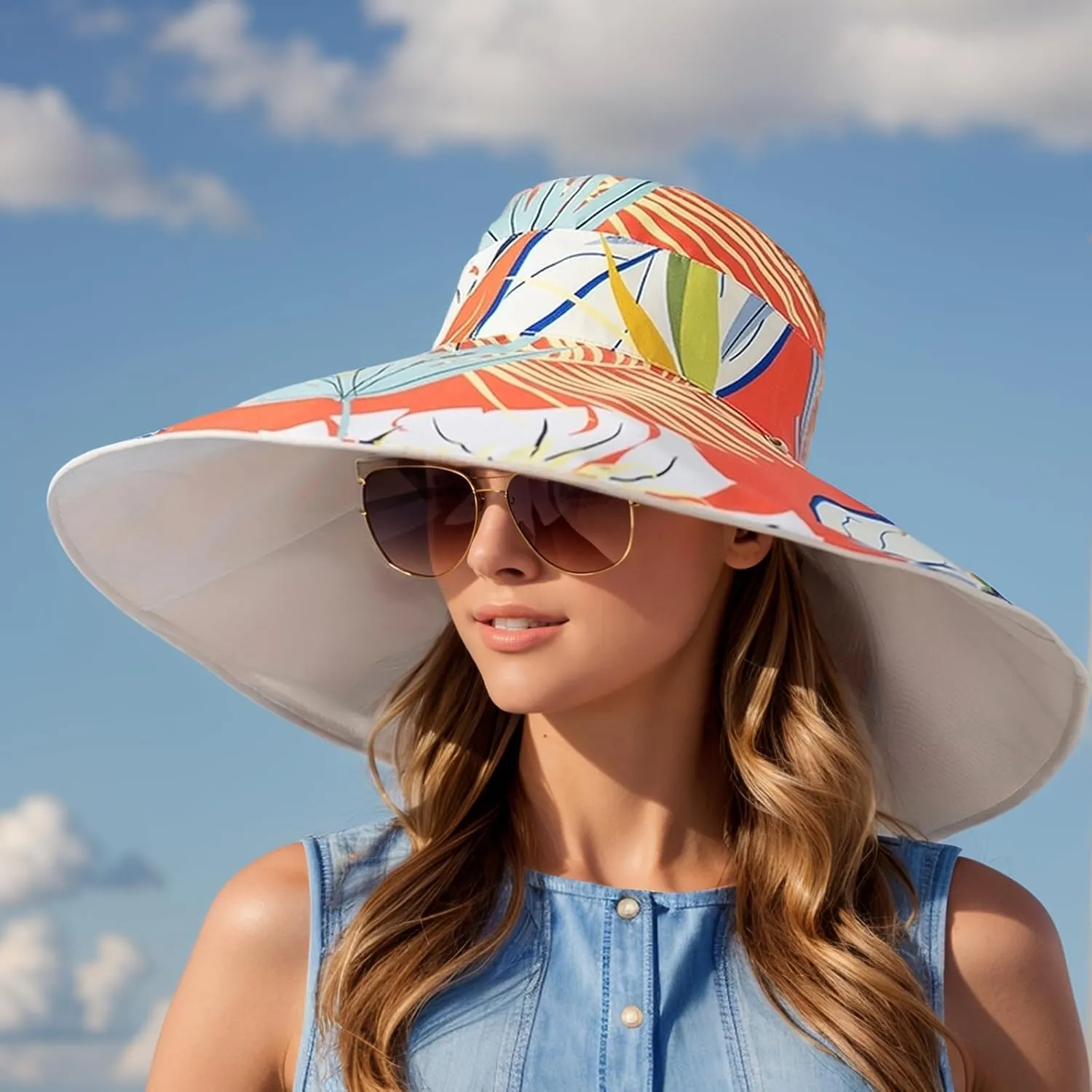 Women's Wide Brim Sun Hats UV Protection - Reversible Bucket Hat Foldable Beach Hat with Chin Strap Summer Hat for Travel