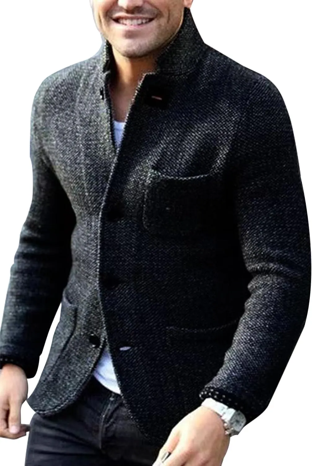 yoeasy Men's Blazer Collar Long Sleeve Button Knit Cardigan Casual Open Front Sweater with Pockets